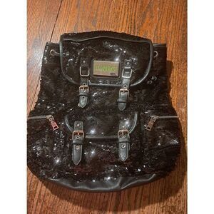It Works Black Sequin Leather Adjustable Backpack Two Outer Side Compartments